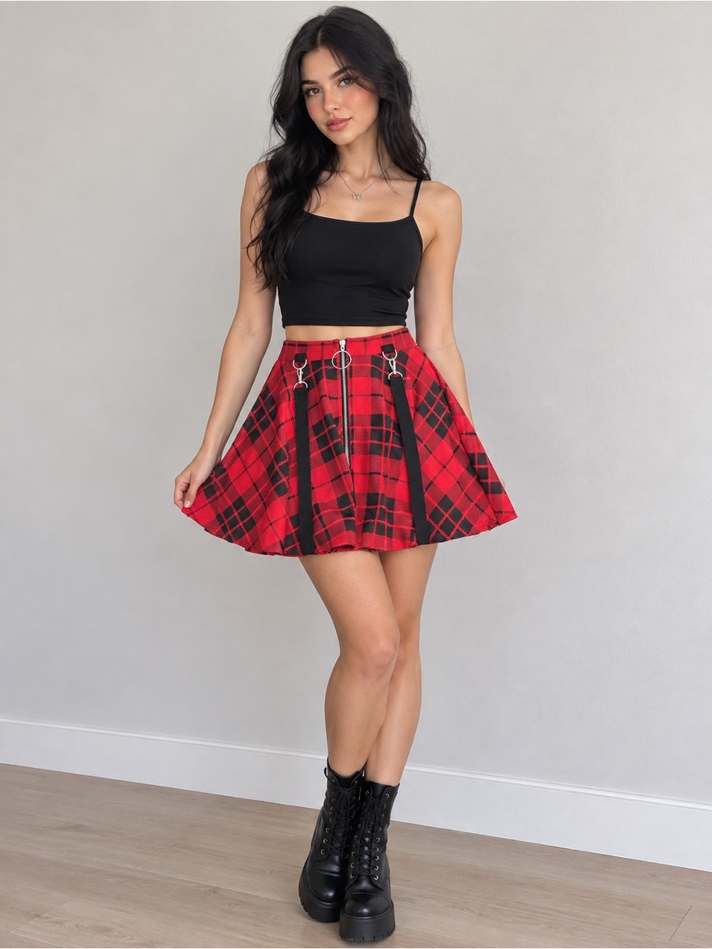 Hot Topic Red Plaid O-Ring Suspender Skirt Red & Black Plaid Skirt
